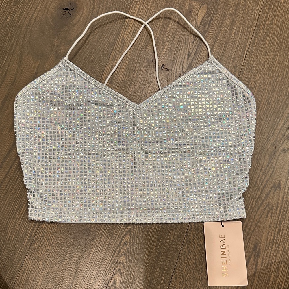 SHEIN Glittering Silver Crop Top